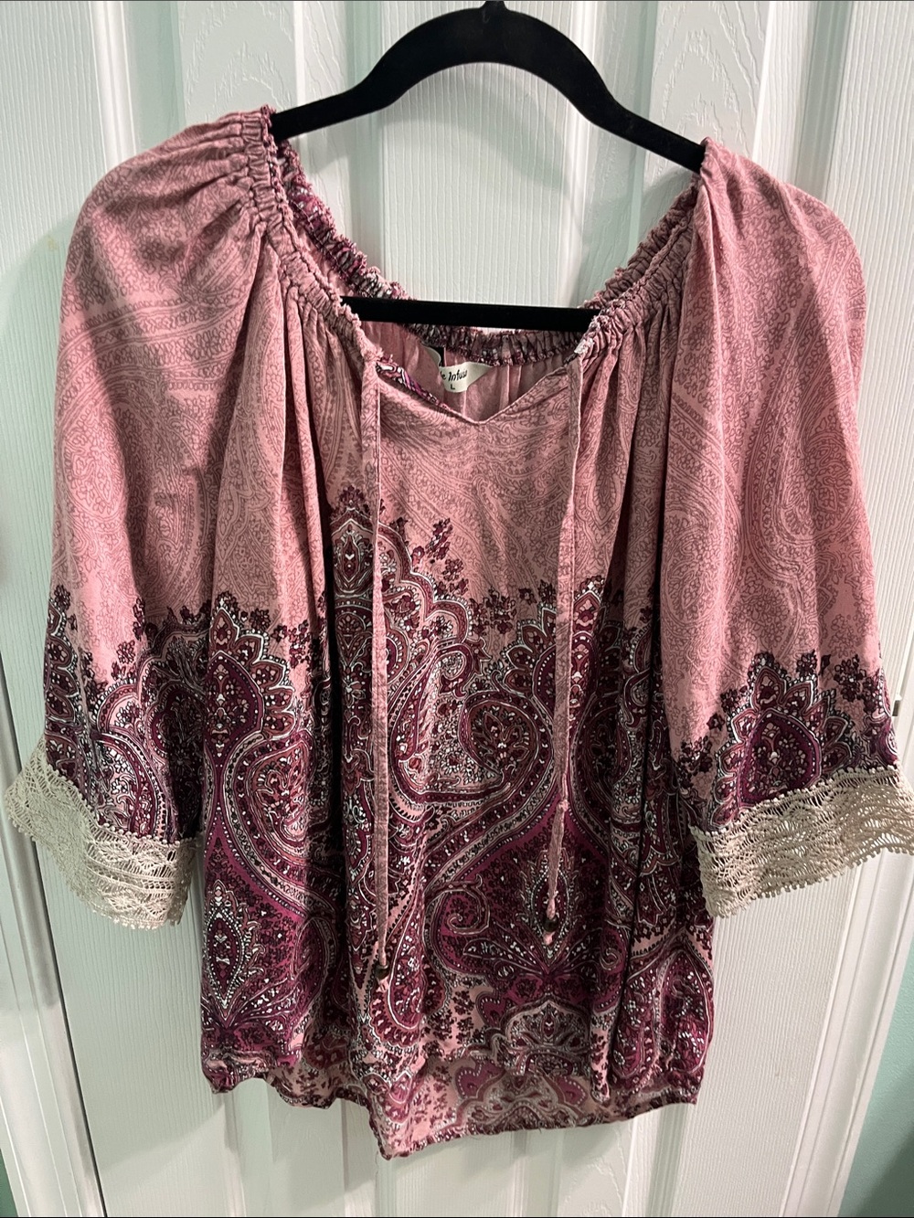 Boho Pink Paisley Peasant Blouse with Lace Trim